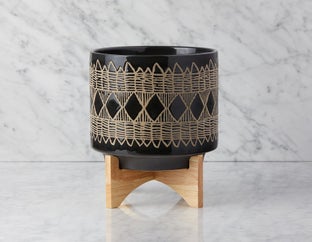 ADEN - ceramic pot with wood stand 29 cm - Black
