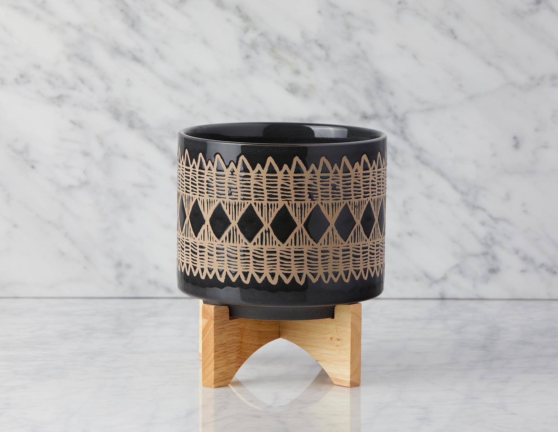ADEN - ceramic pot with wood stand 22 cm - Black