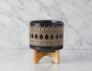 ADEN - ceramic pot with wood stand 22 cm - Black