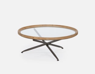 KAY - table basse avec plateau en bois de sapin et verre trempé 100 cm diam. - Naturel