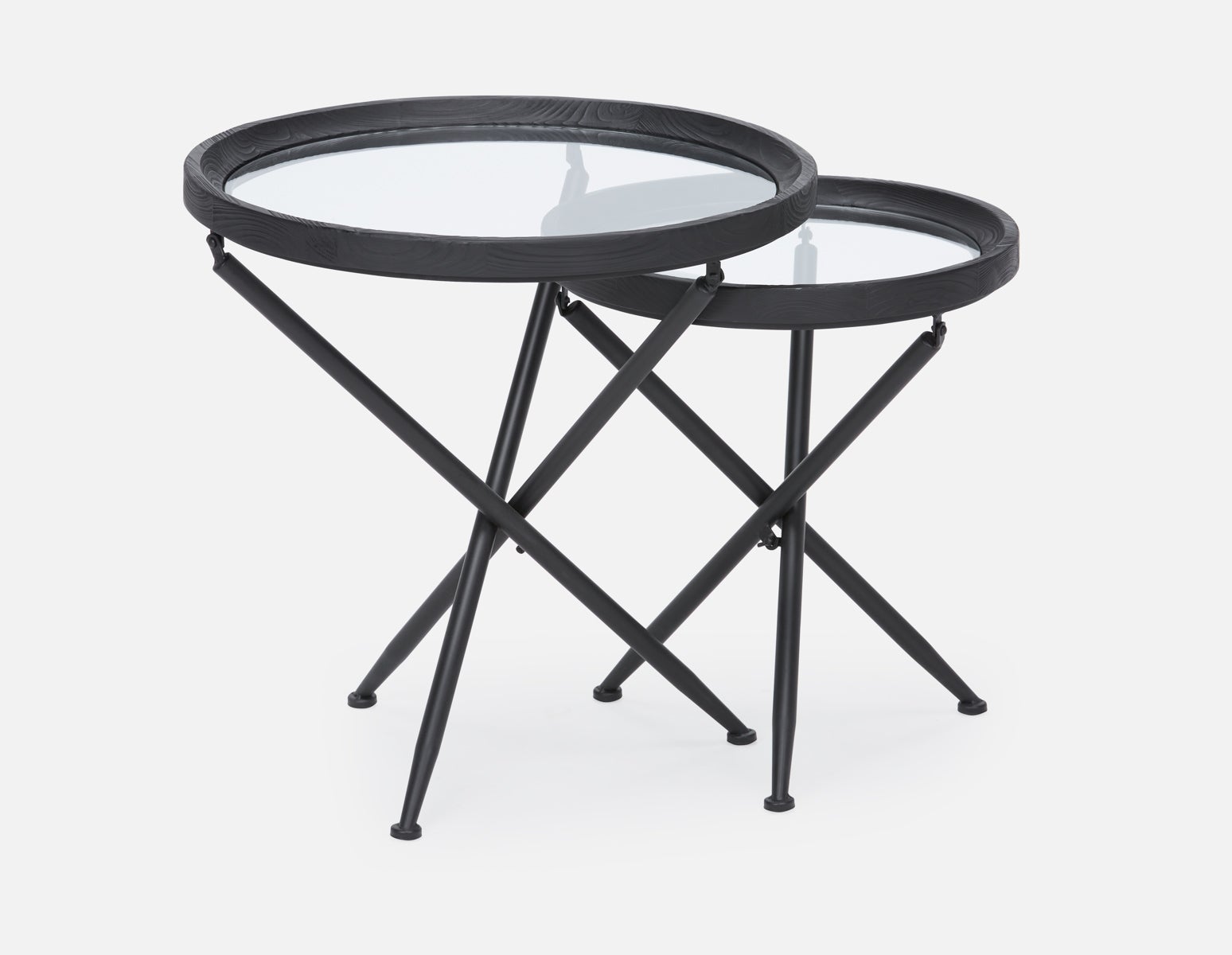 KAY - set of 2 fir wood nesting tables with tempered glass tops - Black
