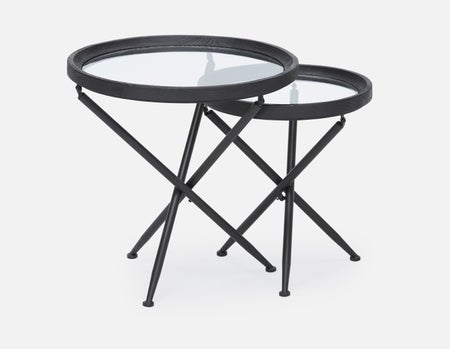 KAY - ensemble de 2 tables gigognes en bois de sapin avec plateaux en verre trempé - Noir