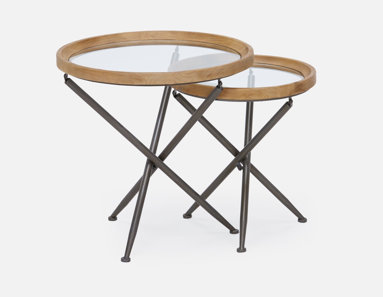 KAY - set of 2 fir wood nesting tables with tempered glass tops - Natural