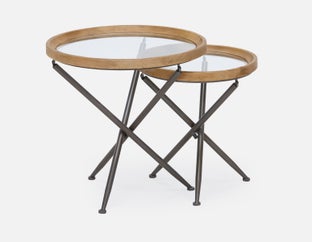 KAY - set of 2 fir wood nesting tables with tempered glass tops - Natural