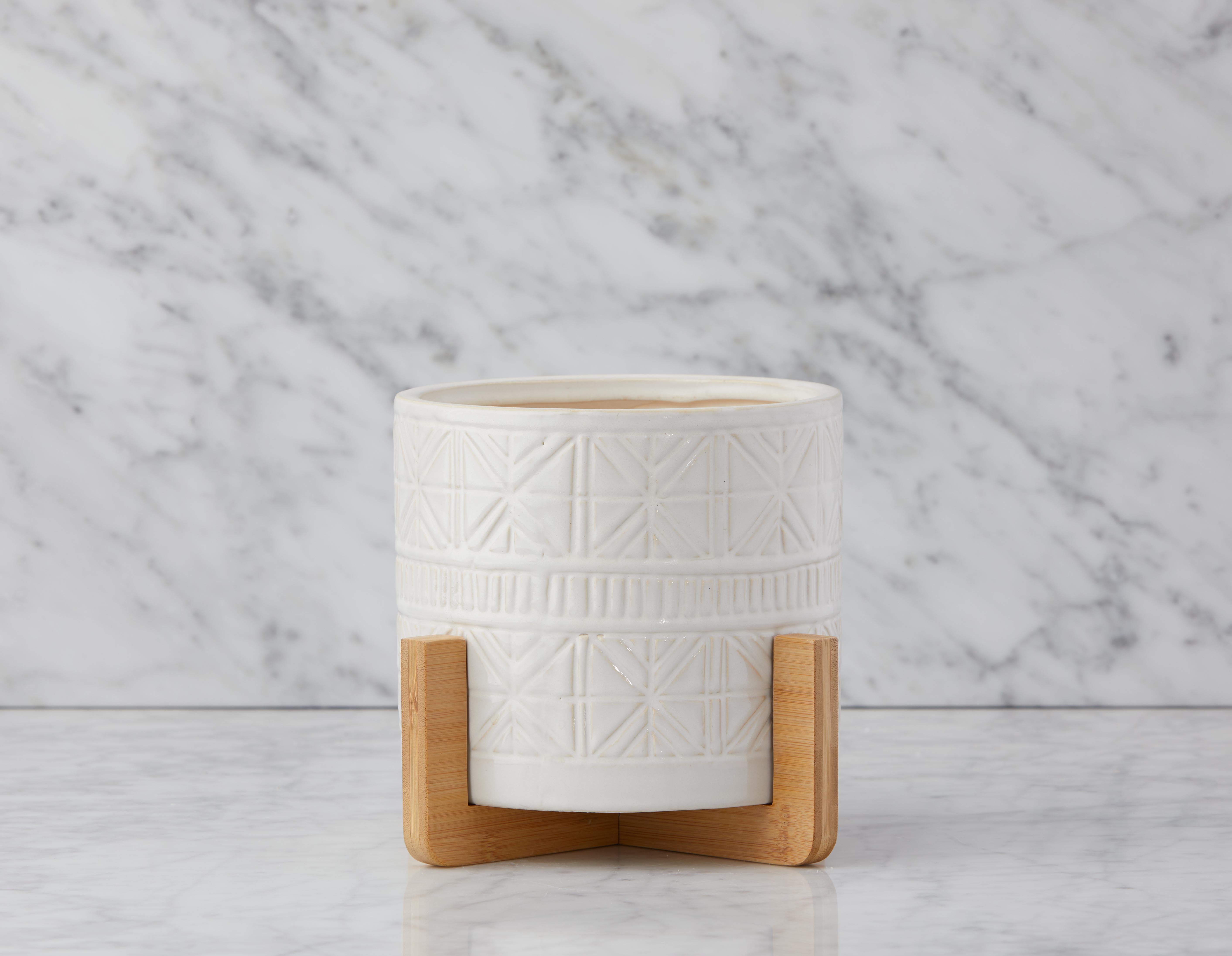 BOLANOW - ceramic planter with bamboo stand 24 cm - White