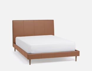 JAVIER - mid-century modern 100% leather queen size bed - Cognac