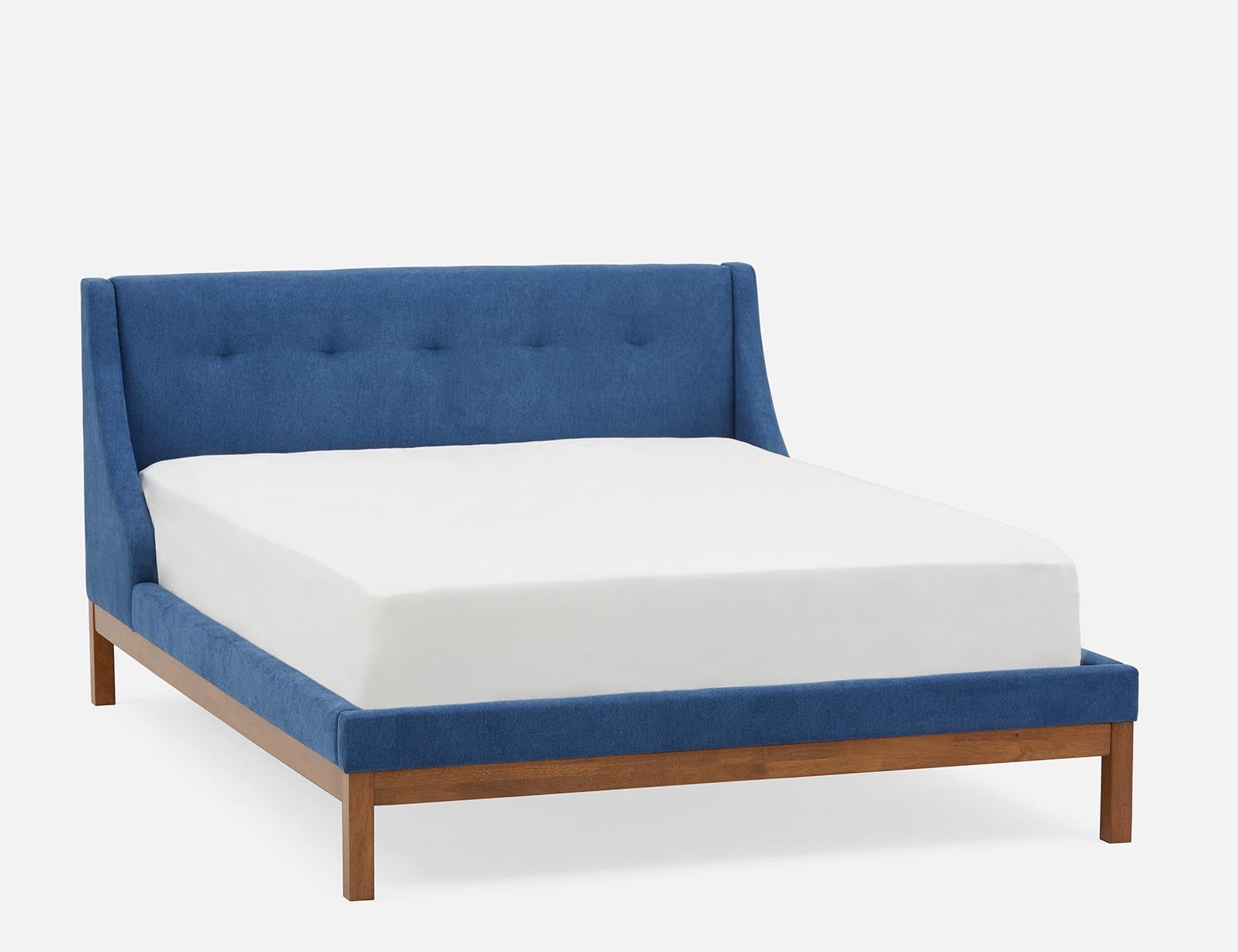MUROL - grand lit rembourré avec tête de lit capitonnée à oreilles moderne du milieu du siècle - Bleu
