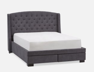 RAVEL - traditional tufted upholstered wingback queen size bed with storage - Dark Grey