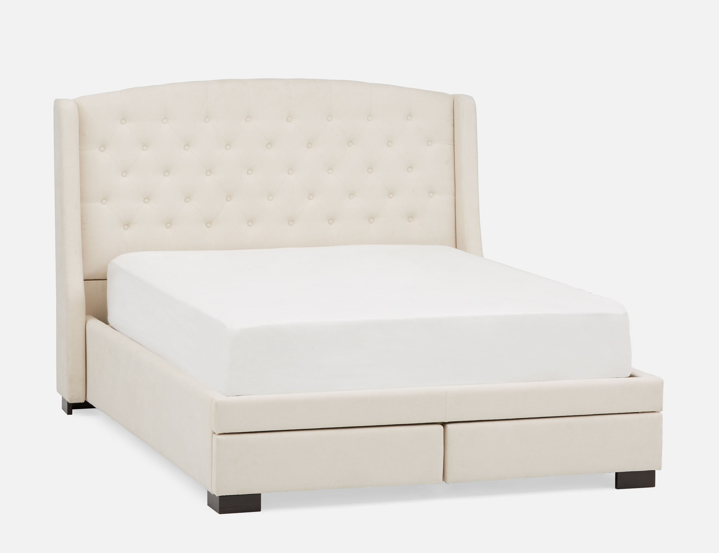 RAVEL - traditional tufted upholstered wingback queen size bed with storage - Cream