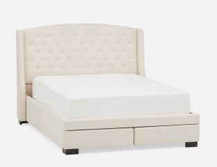 RAVEL - traditional tufted upholstered wingback queen size bed with storage - Cream