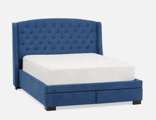 RAVEL - traditional tufted upholstered wingback queen size bed with storage - Blue
