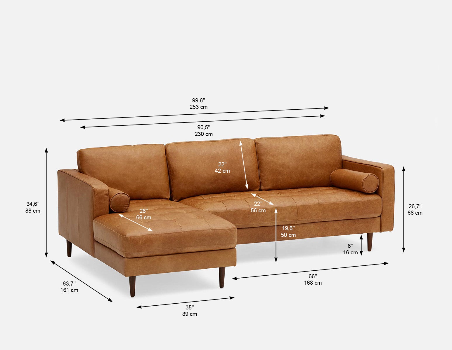 KINSEY mid-century modern left-facing 100% leather sectional sofa undefined
