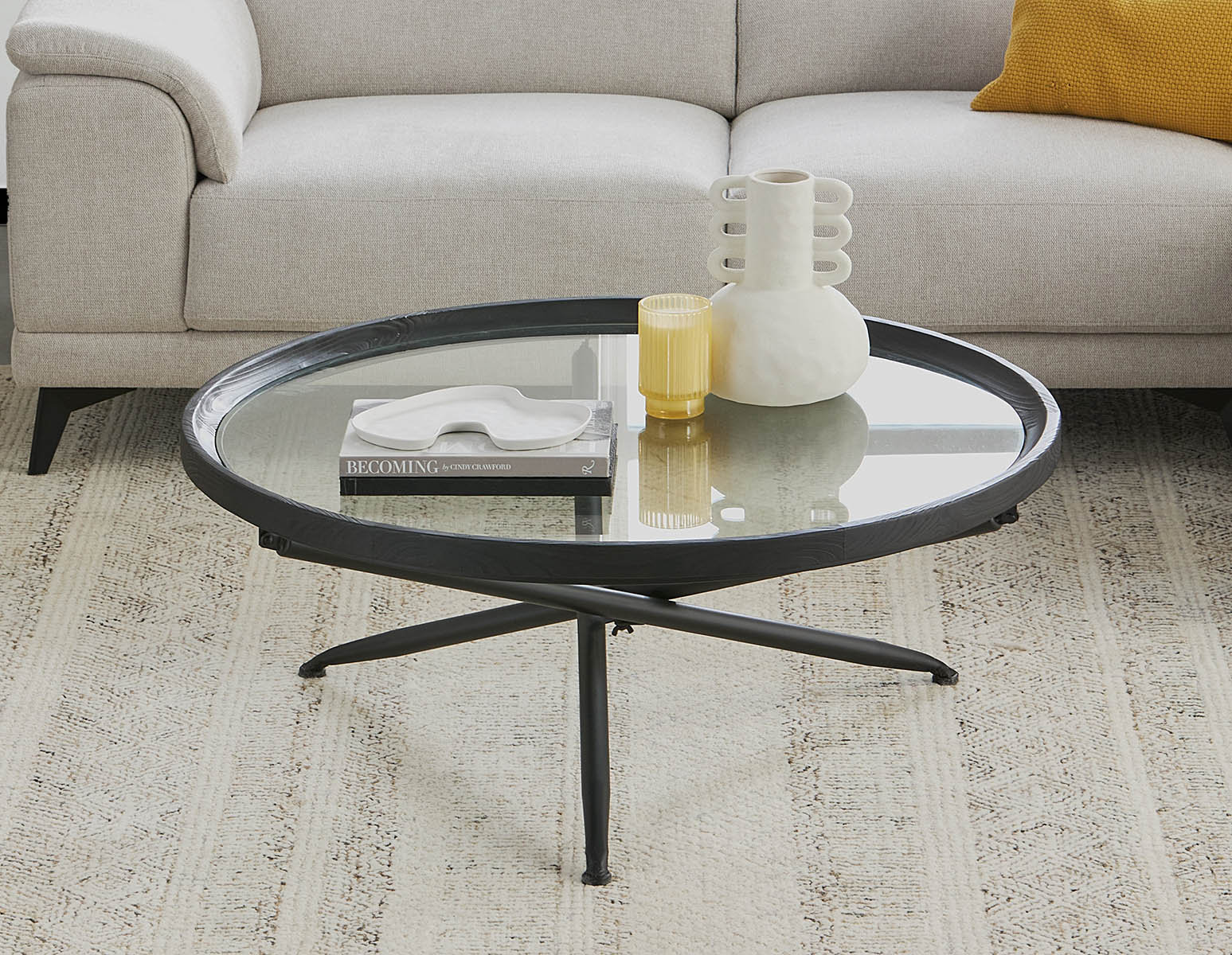 KAY table basse avec plateau en bois de sapin et verre trempé 100 cm diam. undefined