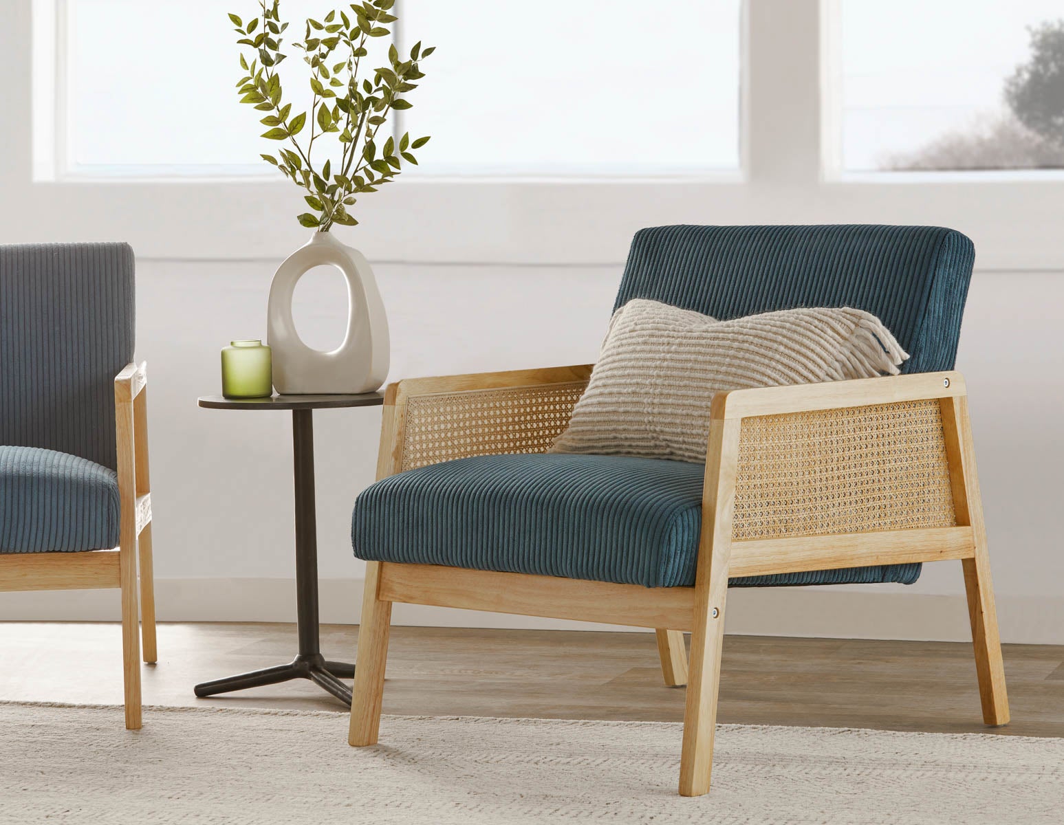 BECKETT armchair with corduroy and rattan accents undefined