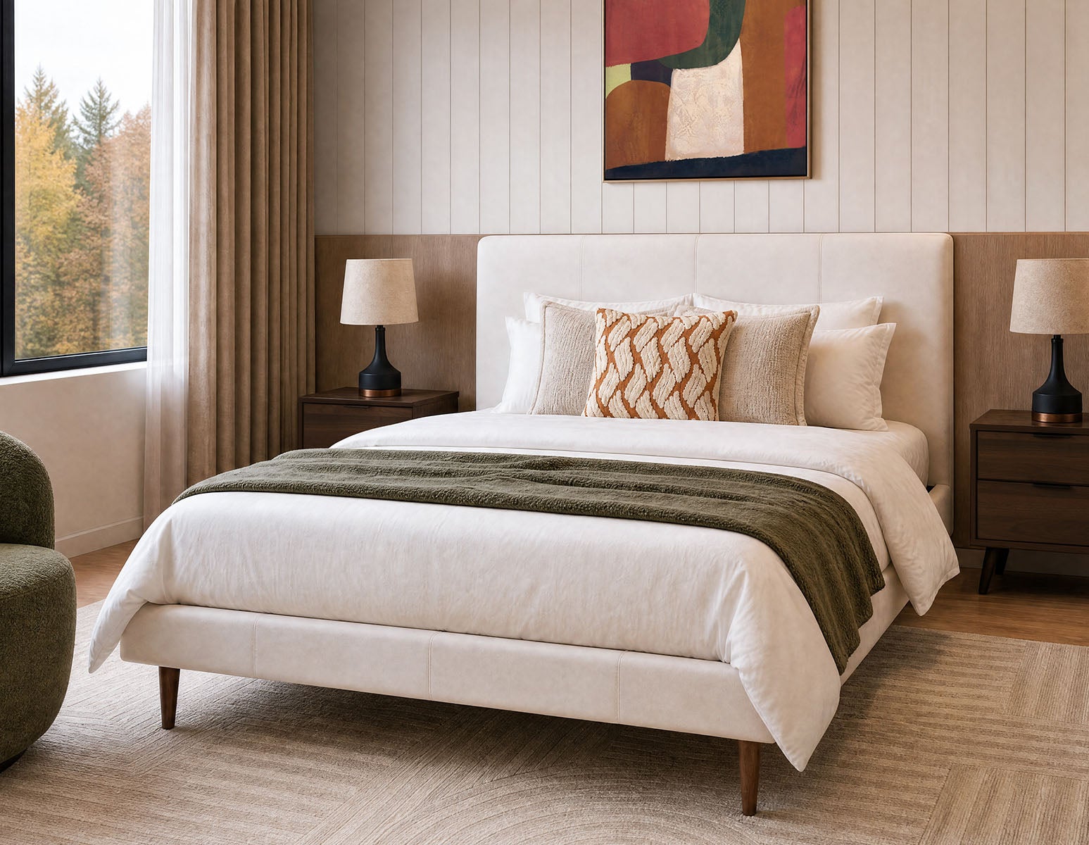 JAVIER mid-century modern 100% leather queen size bed undefined