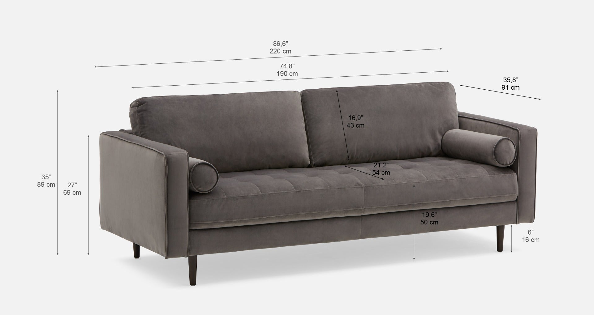 KINSEY mid-century modern 100% leather 3-seater sofa undefined