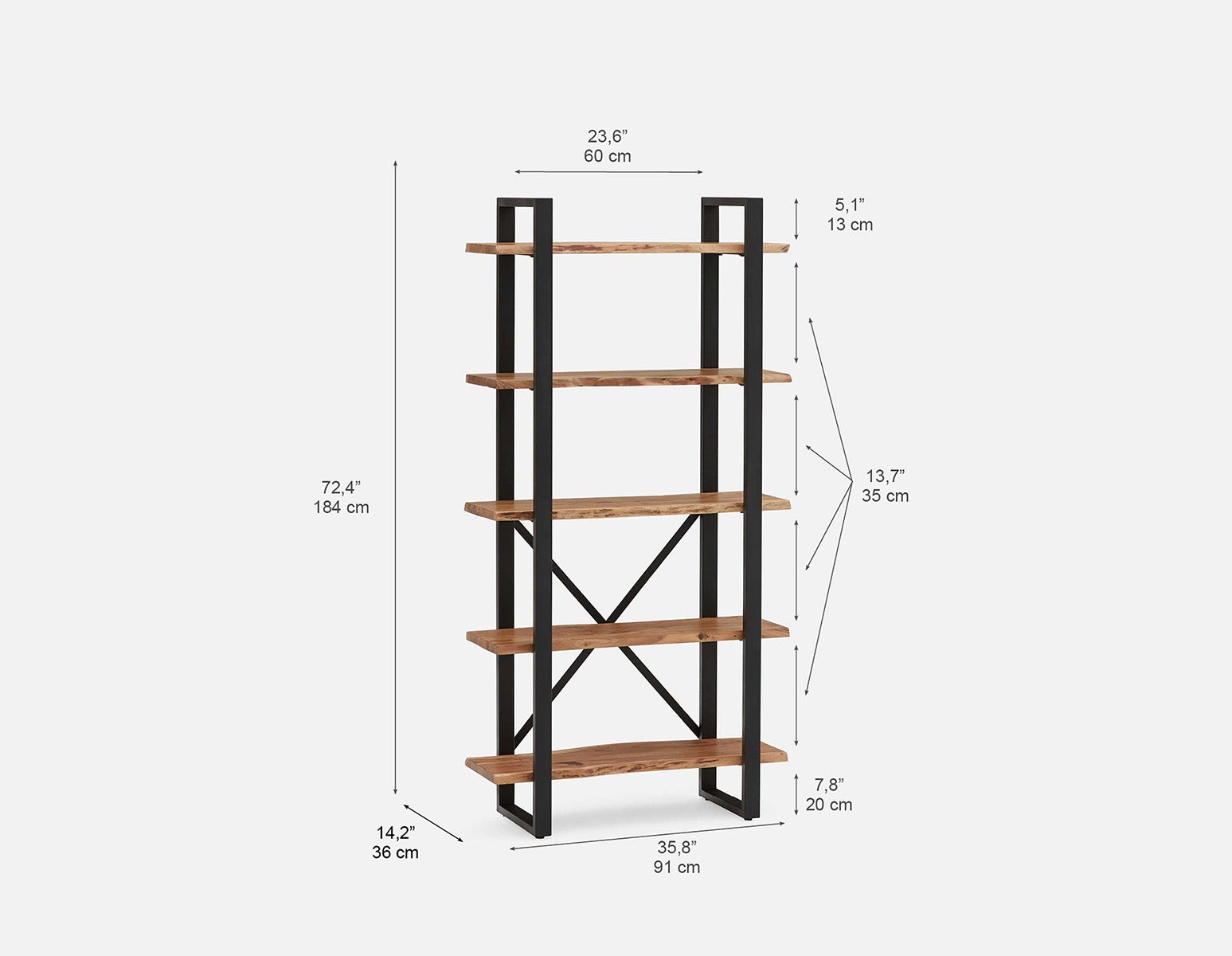 RENO acacia wood 5-tier bookcase undefined