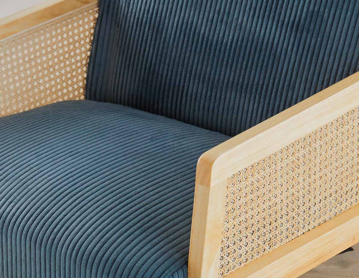 BECKETT armchair with corduroy and rattan accents undefined