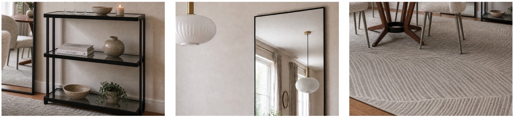 AGLAYA 3-tier glass shelves, NEWPORT mirror 70 x 190 cm, TRIANA wool and polyester rug 8'x10'