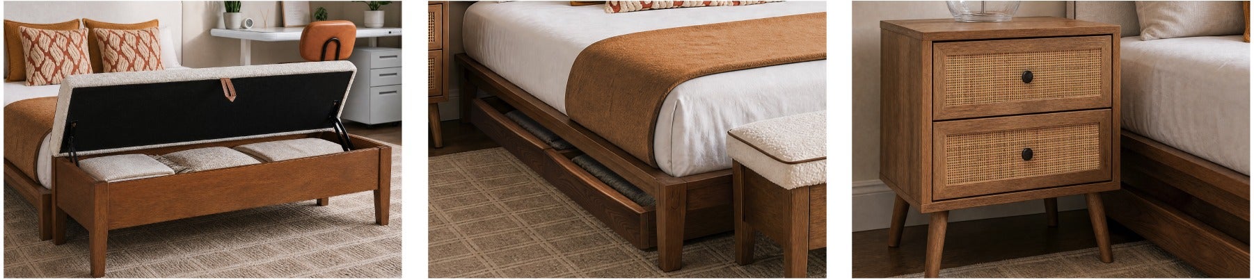 BENA storage bench, BENA bed storage drawer set of 2 with casters, JETT nightstand