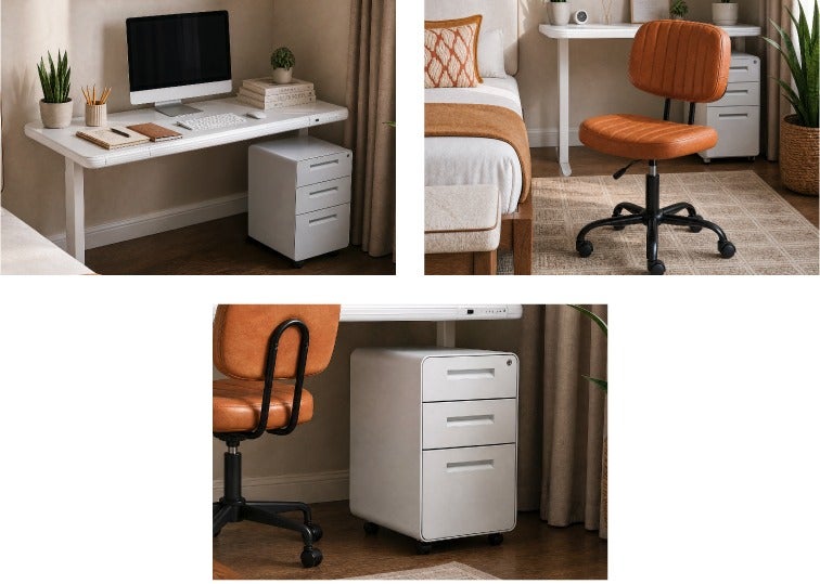 JETSON electric desk 120 cm, STERLING office chair, ERNESTO filing cabinet