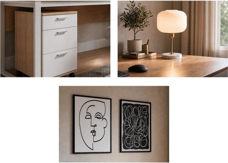 MICK filing cabinet, ILIANA table lamp, LUDLOW wall art