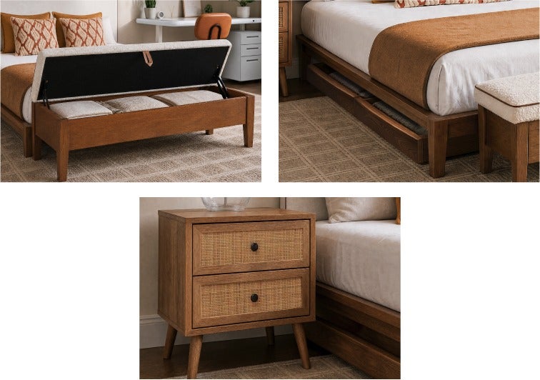 BENA storage bench, BENA bed storage drawer set of 2 with casters, JETT nightstand