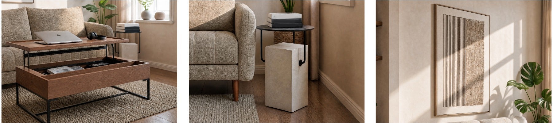 MATTEO coffee table with storage 120 cm, GENNY end table, SHAYNE framed wall art 83 x 123 cm