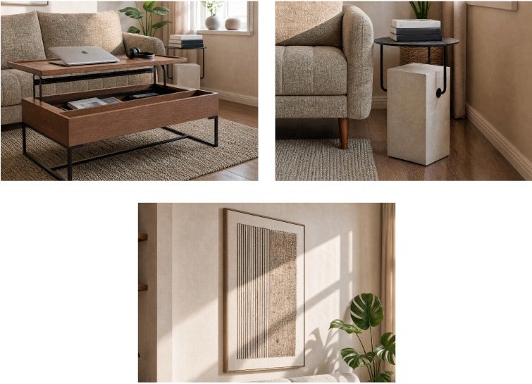 MATTEO coffee table with storage 120 cm, GENNY end table, SHAYNE framed wall art 83 x 123 cm