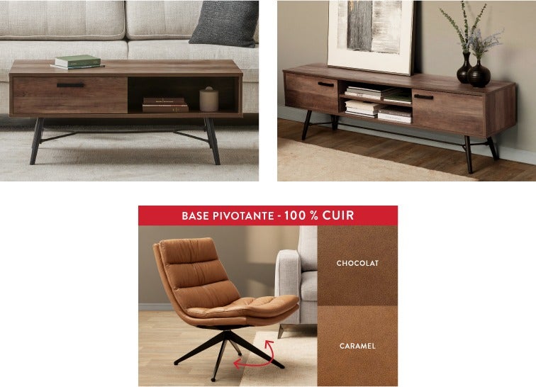 NASH table basse, meuble télé et DORADA fauteuil pivotant 100 % cuir
