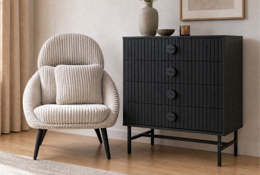 MONTANA commode à 4 tiroirs - HERMAN chaise d'appoint en velours côtelé