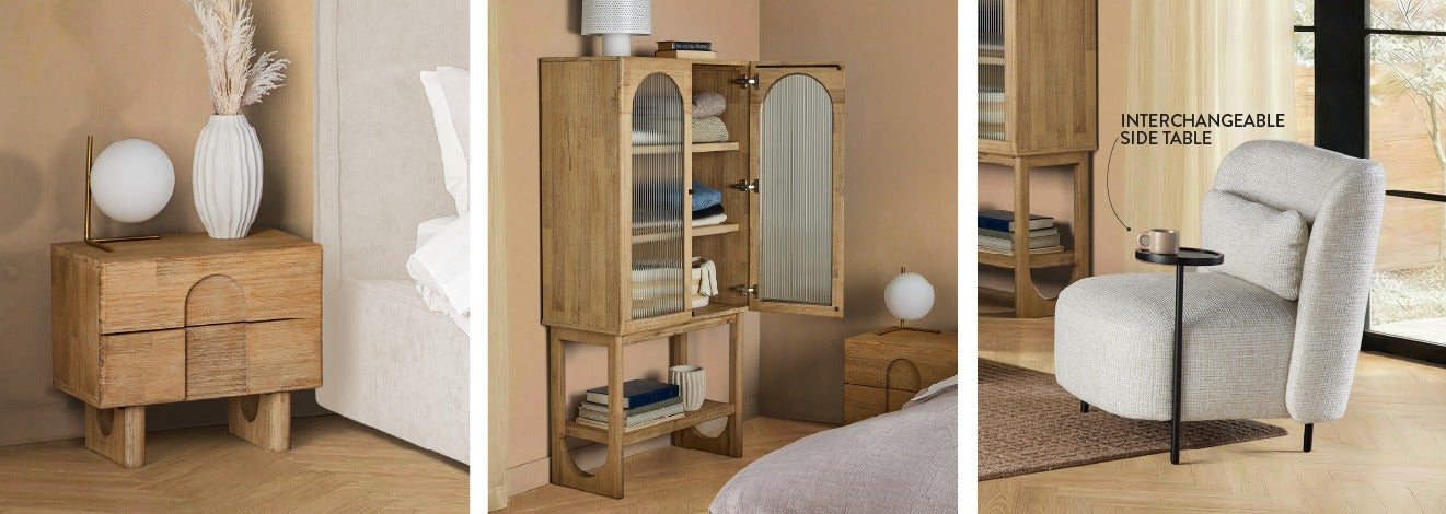 PRIYA nightstand, PRIYA sideboard hutch and STILIO accent chair with interchangeable drink stand