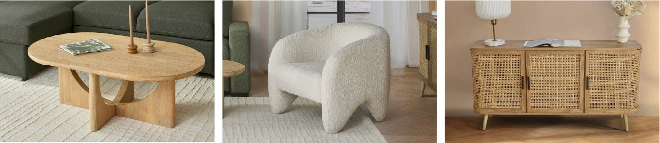 PRIYA coffee table, Domingo 3-door sideboard, AMIENS accent chair