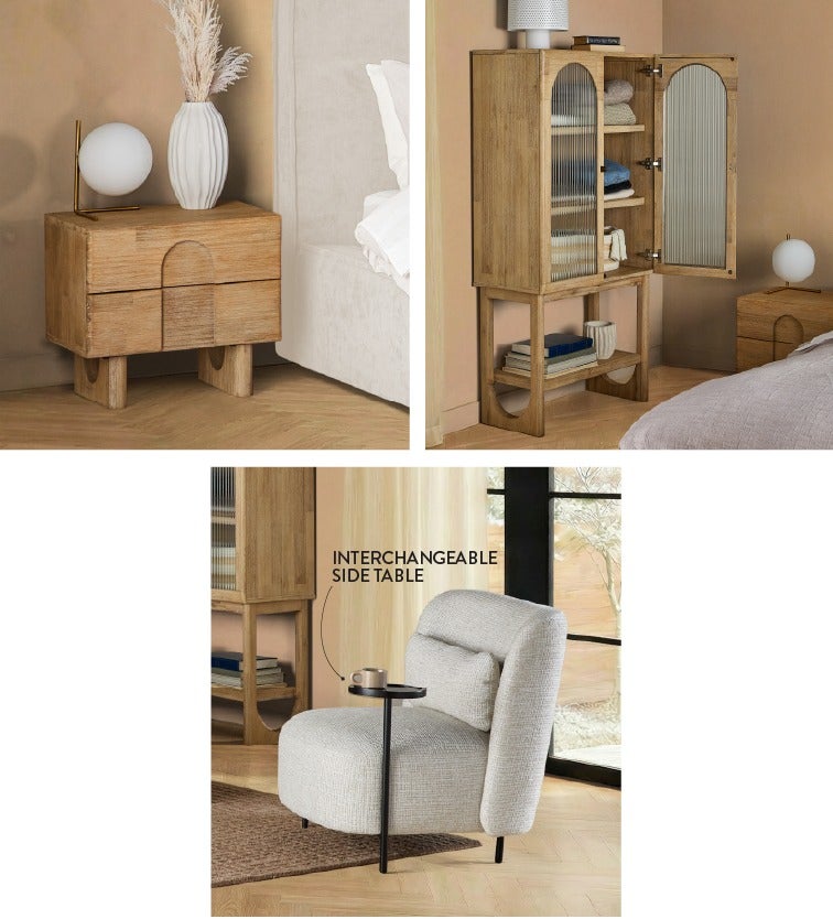 PRIYA nightstand, PRIYA sideboard hutch and STILIO accent chair with interchangeable drink stand