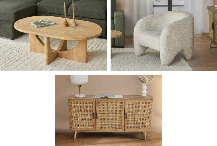 PRIYA coffee table, Domingo 3-door sideboard, AMIENS accent chair