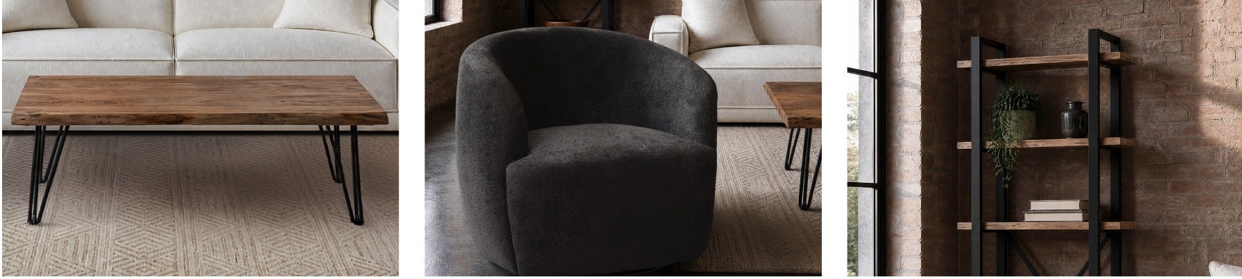 RENO table basse en bois d'acacia massif 120 cm, JANELLE fauteuil pivotant et RENO étagère 5 tablettes