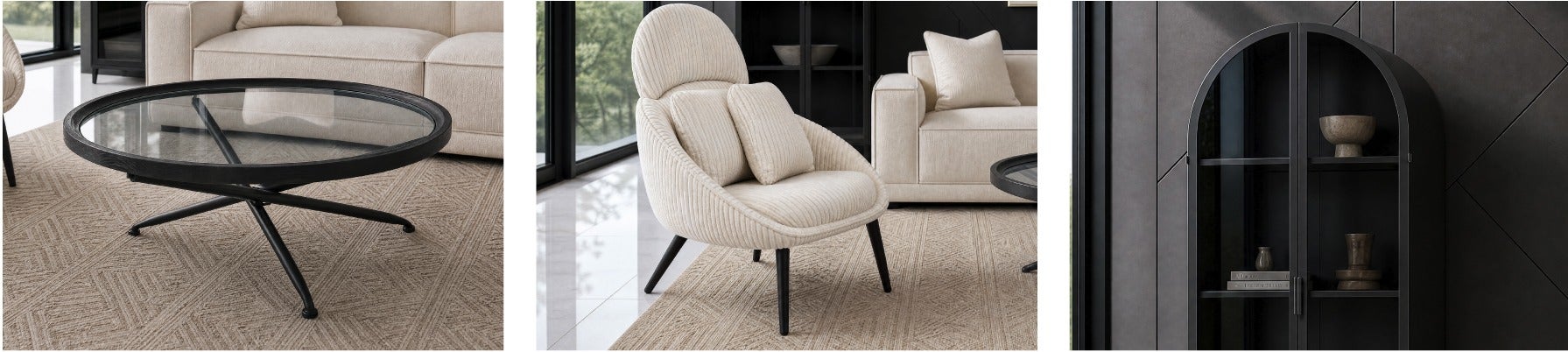 KAY table basse, HERMAN fauteuil et ZELDA cabinet en fer 82 cm