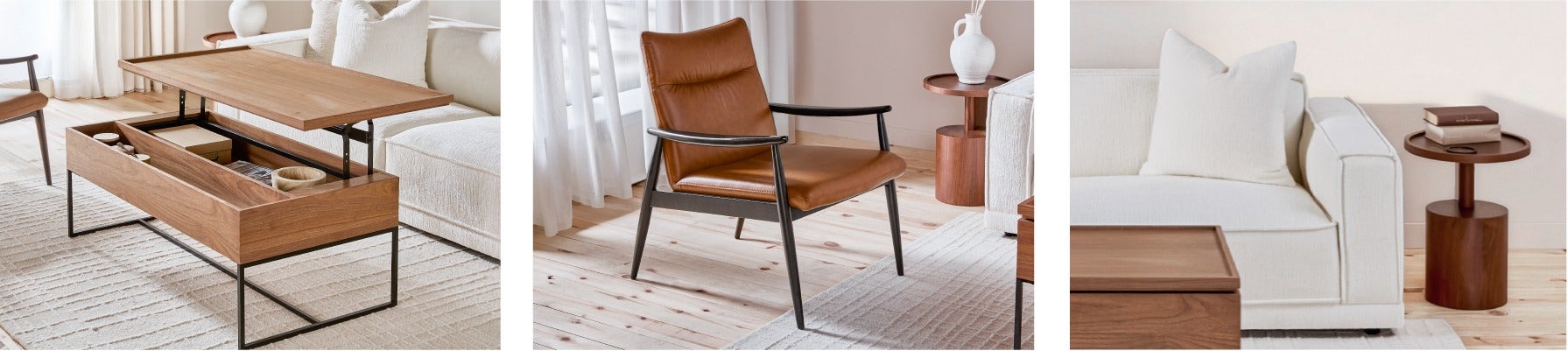 MATTEO table basse à plateau relevable 120 cm, LATONIA fauteuil d'appoint 100% cuir, MARCUS table d'appoint
