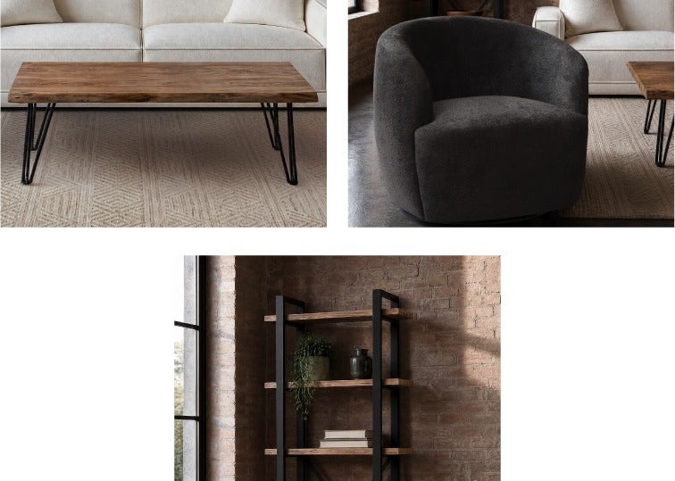RENO table basse en bois d'acacia massif 120 cm, JANELLE fauteuil pivotant et RENO étagère 5 tablettes
