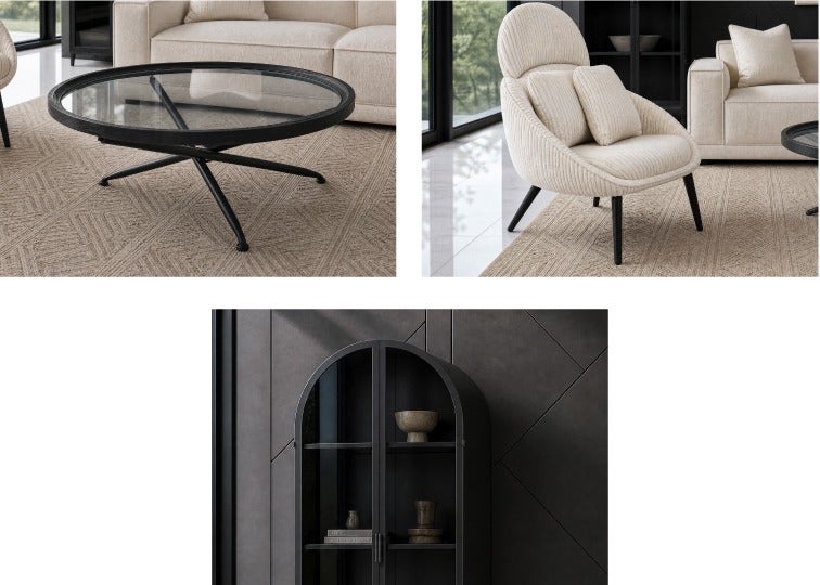 KAY table basse, HERMAN fauteuil et ZELDA cabinet en fer 82 cm
