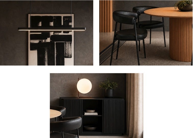 CLEM suspension, TAURO chaise de salle à manger, RHODES buffet