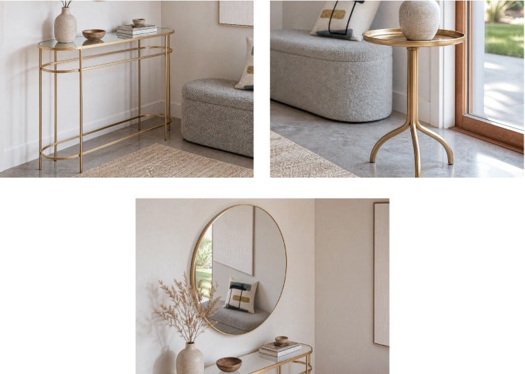 PETE console table 120 cm, ZANDER stainless steel mirror, TRIO end table