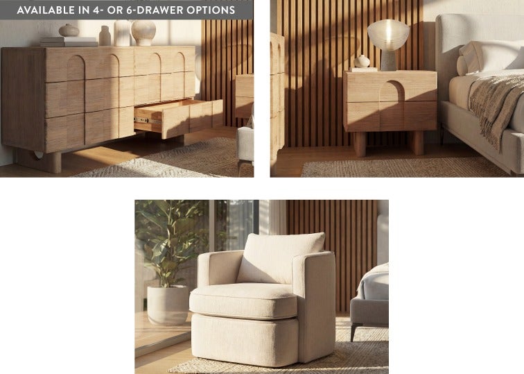 PRIYA nightstand and 6-drawer dresser and CONNIE armchair