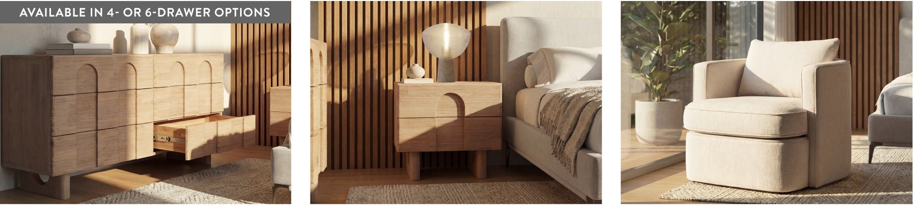 PRIYA nightstand and 6-drawer dresser and CONNIE armchair