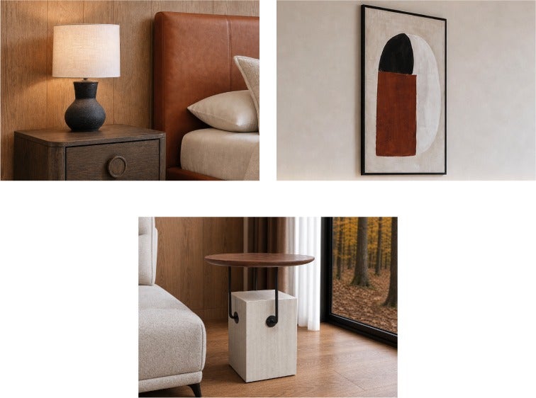 MELLY lampe de table 49.5 cm- CENI tableau encadré 83 x 123 cm - GENNY table d'appoint 48 cm