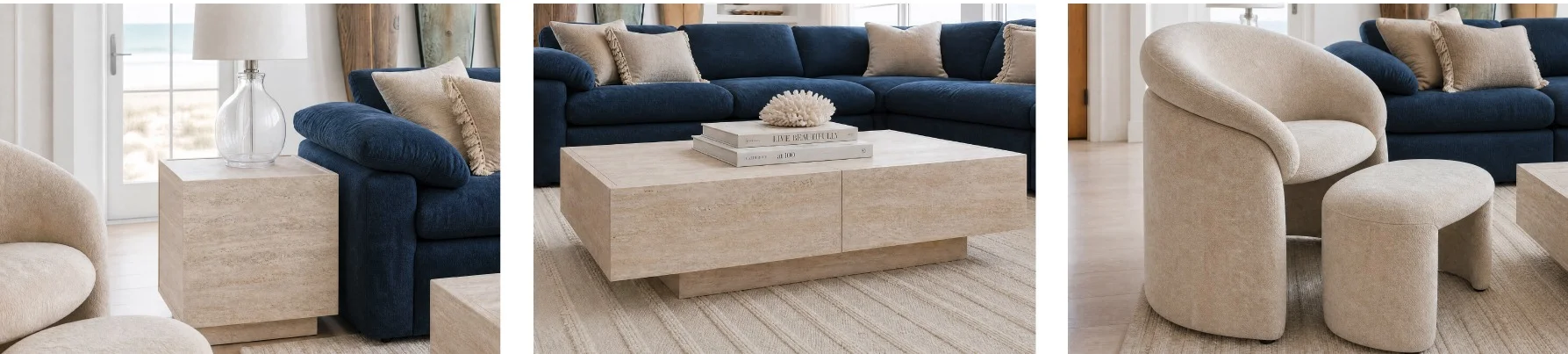 TRAVINE table d'appoint avec rangement, TRAVINE table basse avec rangement 118 cm, HANCHA chaise d'appoint avec pouf