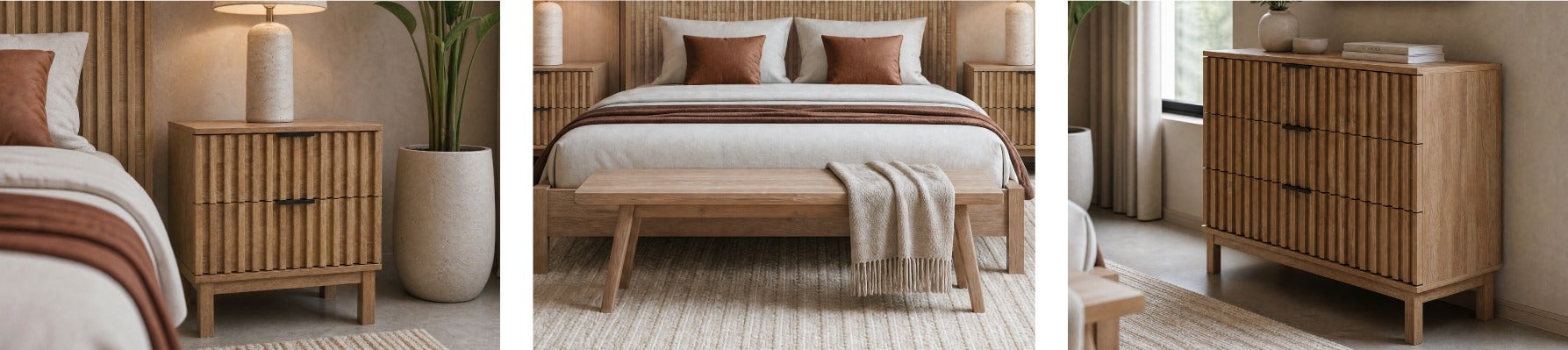 RIONA table de chevet, KABBANN banc en bois d'acacia, RIONA commode 3 tiroirs