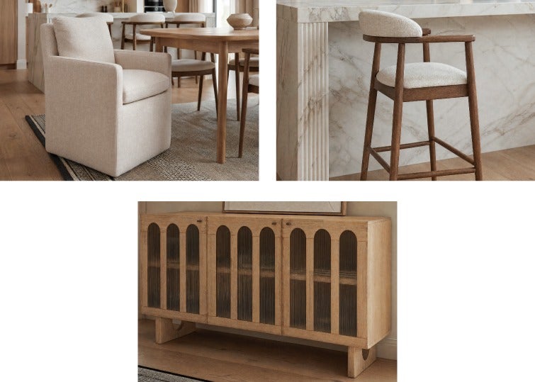 OSTIA chaise de salle à manger à roulettes, JOSY tabouret de comptoir 66 cm, PRIYA buffet à 3 portes
