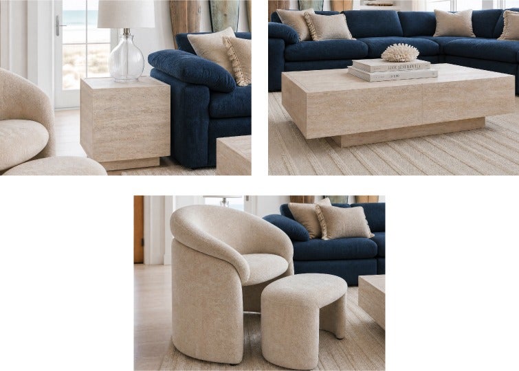 TRAVINE table d'appoint avec rangement, TRAVINE table basse avec rangement 118 cm, HANCHA chaise d'appoint avec pouf