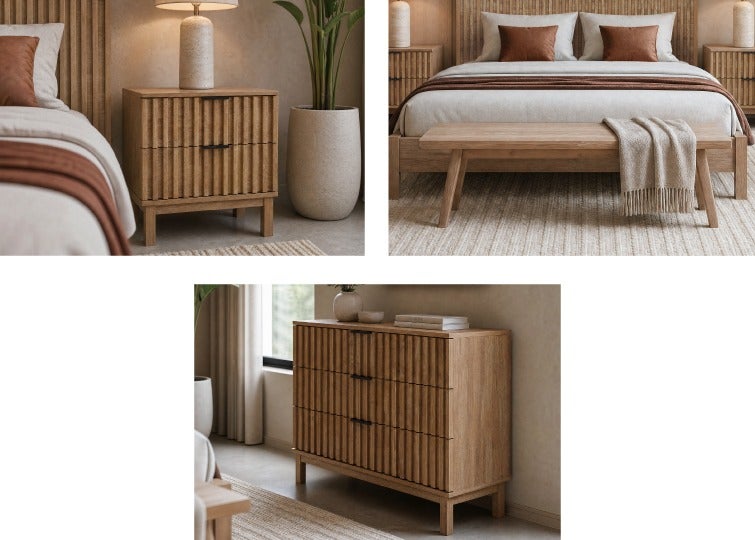 RIONA table de chevet, KABBANN banc en bois d'acacia, RIONA commode 3 tiroirs